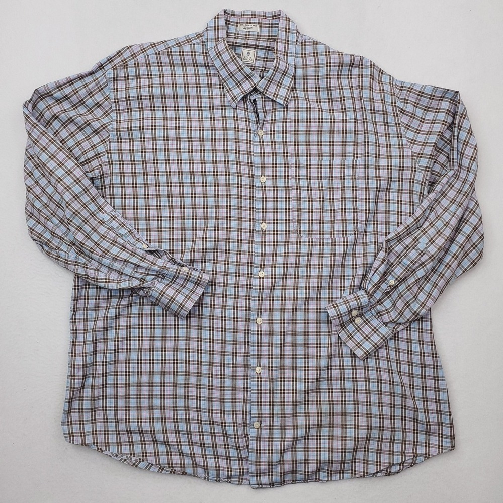 Peter Millar Shirt Mens 2XL Blue Brown Plaid Cotton Button Down Long Sleeve